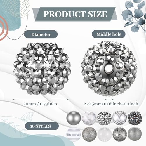 Ferreve 20 Pcs Chunky Bubblegum Beads 20mm Focal Pen Large Rhinestone Pearl Beads for DIY Beadable Pen School Jewelry Making Keychain Craft Making (Silver) - color: silver