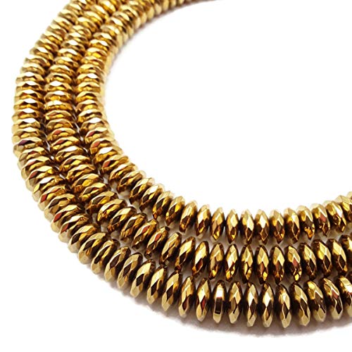 JM Design Gold Plated Hematite Faceted Rondelle Beads 3x6mm 16" Strand for Jewelry Making - size: 3x6mm