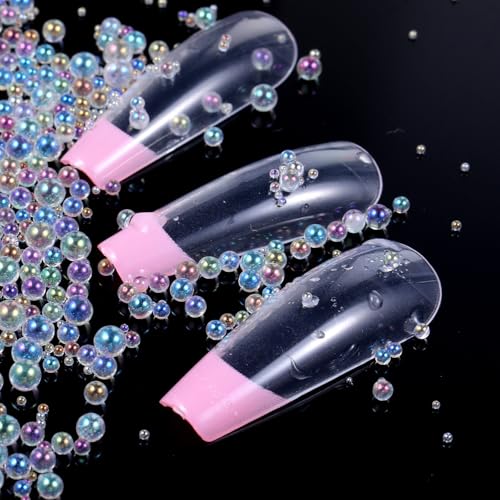 100g Iridescent Glass Tiny Bubble Beads, No Hole Micro Mini Round Clear Water Droplets Beads Bubble Pixie Dust Mixed Sizes for Resin Filler Nail Art Dollhouse Bath Tub - color: 100G
