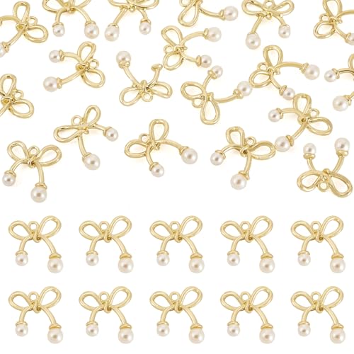 FASHEWELRY Golden Bow Connector Charms Bulk, Christmas Bowknot Link Charms, Infinity Links Geometric Hollow Bezel Pendants for Earring Bracelet Necklace Keychains Jewelry Making - color: Light Gold-Bowknot with Pearl