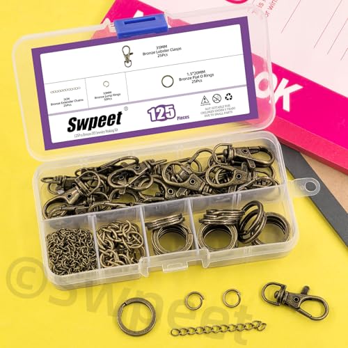 Swpeet 125Pcs Bronze Keychain Making Set, 25Pcs Swivel Lanyard Snap Hook, 25P Keychain Ring, 25P Extender Chains, 50P Open Jump Rings, Swivel Lobster Clasps, Keychains Clips - color: Qinggu