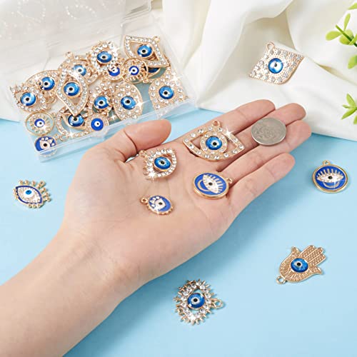 Cheriswelry Rhinestone Enamel Connectors Charm Links Evil Eye Alloy Metal Pendants Antique Silver Flat Round Hamsa Hand Owl Feather Heart Charm Pendant for Bracelet Necklace Jewelry Making - color: Gold-Mixed Shape