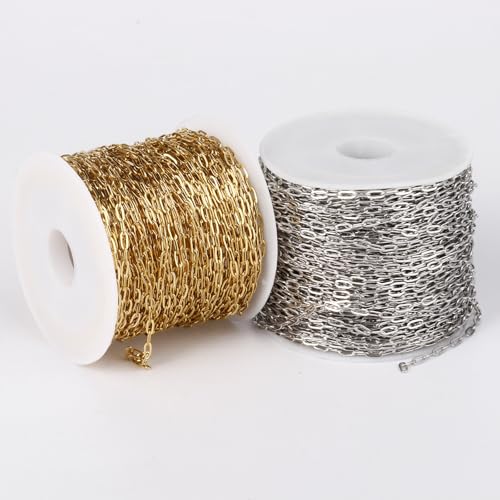 33FT Gold Paperclip Chain Jewelry 2MM 18K Gold PVD Plated Stainless Steel Paperclip Link Chain Roll Bulk for Jewelry Making - color: 2mm gold