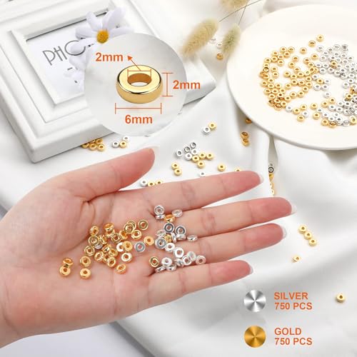 1500pcs 6mm Flat Round Spacer Beads Disc Loose Jewelry Making Beads for DIY Bracelet Necklace Earring Craft Supplies, Gold & Silver - color: Silver & Gold