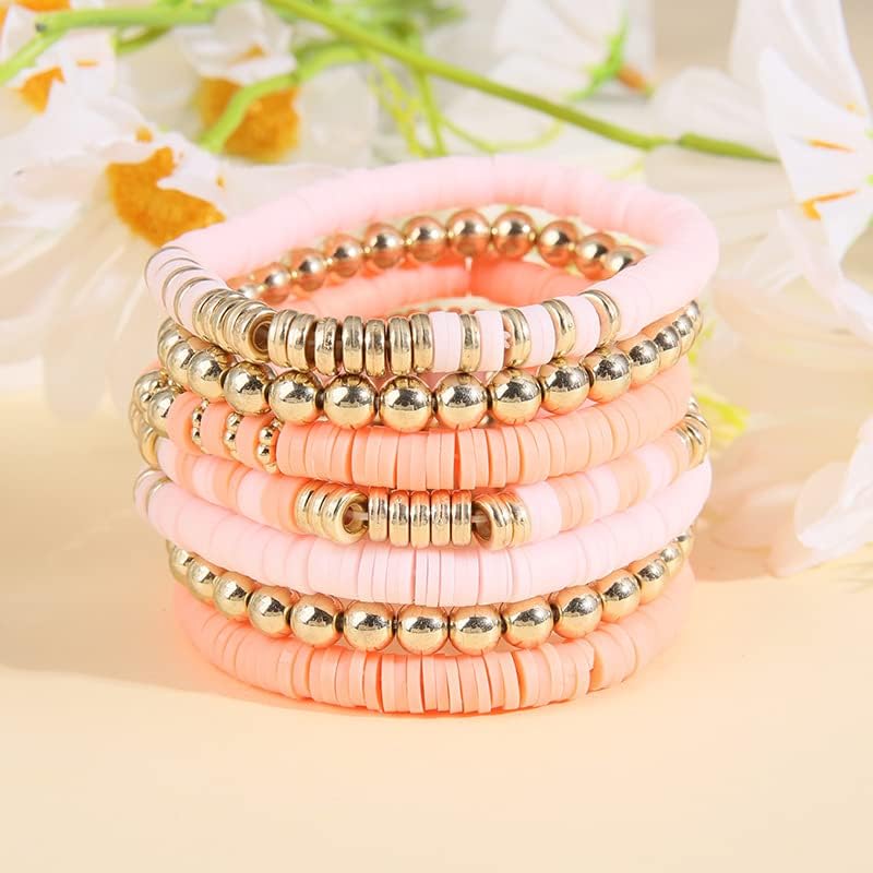 Pingyongchang Heishi Gold Beaded Bracelets Set for Women Men Bohemian Polymer Clay Colorful Surfer Vinyl Disc Stretch Layering Stackable Friendship Boho Bracelet Summer Beach Jewelry Gifts - color: Pink