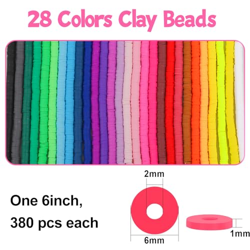JMUQ 28 Strands Clay Beads Bracelet Making Kit, 28Colors Friendship Preppy Flat Polymer Clay Heishi Beads for Jewelry Making Kit, DIY Arts and Crafts Gifts - color: 28Colors-10900PCS