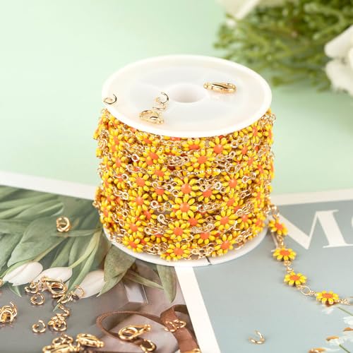 KYUNHOO 16.4FT/5M Jewelry Making Chain Roll Gold Plated Brass Chain for Crafting Beautiful Daisy Chain Spool with Jewelry Clasps for DIY Finding Supplies - color: Yellow Daisy
