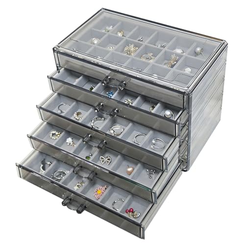 Acrylic Earring Holder Organizer with 5 Drawers Clear Earring Organizer Box with 90 Adjustable Grids Velvet Earring Display Case Jewelry Organizer for Earrings Rings Studs (Brown Gray) - color: Brown Gray
