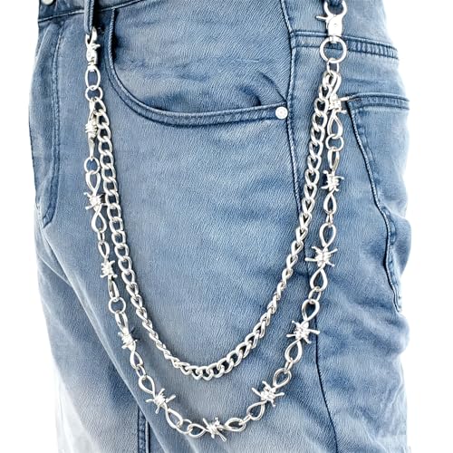 Layered Punk Pants Chain for Men Women, Gothic Hip Hop Jean Chain Wallet Chain Biker Trouser Chain, Goth Emo Fashion Keychain Accessories - color: 2L-Silver Barbed