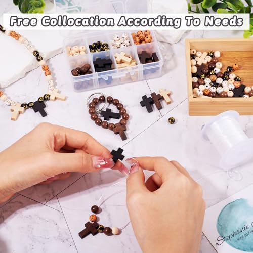 KISSITTY Rosary Making Kit Cross Rosary Beads 8mm Easter Round Wood Acrylic Cross Spacers Cross Pendant Beads for DIY Jewelry Making About 211pcs/box
