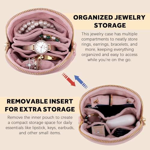 Velvet Travel Jewelry Pouch, 2-in-1 Clamshell Case with Detachable Insert, Portable Travel Jewelry Organizer with Wrist Strap, Converts to Mini Coin Purse, Gift for Women & Girls (Dusty Pink) - color: Dusty Pink