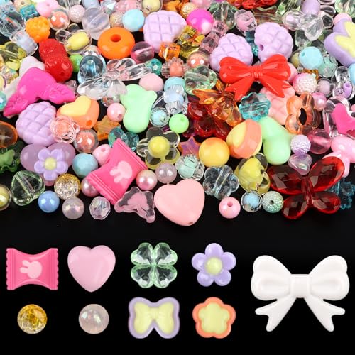 Acrylic Pastel Beads for Jewelry Making, Kalolary Colorful Bow Butterfly Flower Kawaii Plastic Candy Heart Cute Macaroon Aesthetic Beads for Bracelet Necklace DIY Supplies (Multicolor) - color: Multicolor