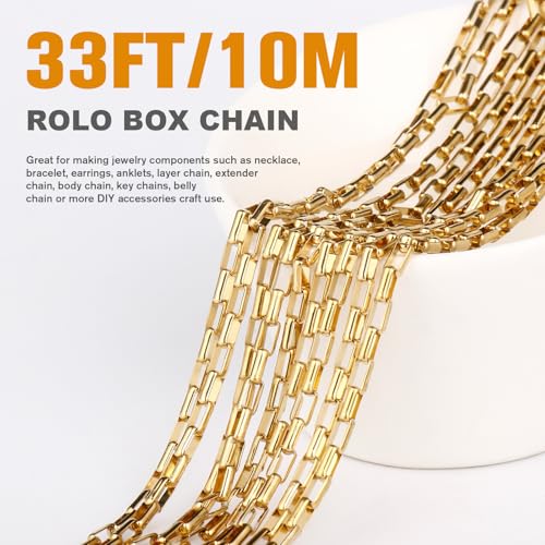 33 Feet Gold Rolo Box Chain Bulk, 3mm 18K Gold PVD Plated 304 Stainless Steel Square Link Cable Chains Roll Spool for Jewelry Making DIY Craft - color: 3MM Gold Rolo Box Chain