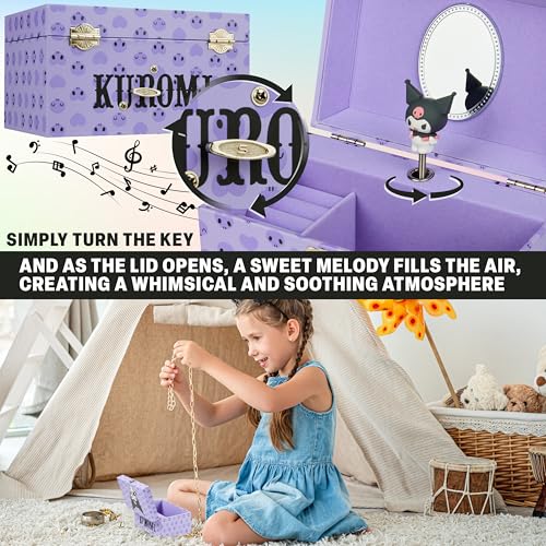 Hello Kitty Sanrio Kuromi Musical Jewelry Box for Girls Teens Women Kawaii Wind Up Music Box Jewelry Organizer Ring Holder Gifts for Women (Purple Kuromi) - style: Purple Kuromi