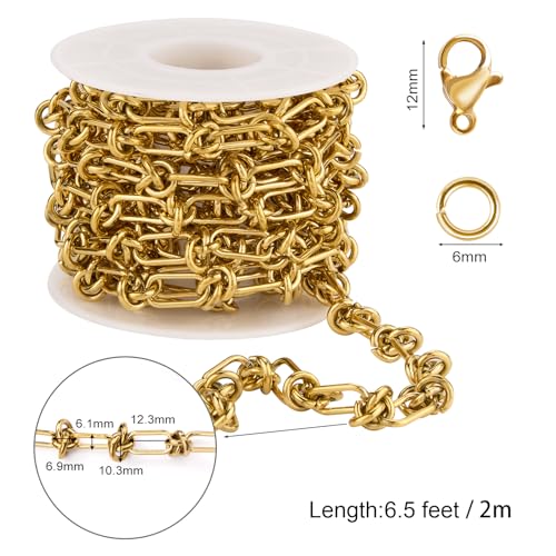 SMYHTGLIF 6.5 Feet Gold Paperclip Jewelry Making Chains Roll Buckles Link Unsoldered Stainless Steel Chain for Jewelry Making with Lobster Clasps and Open Jump Rings - color: Knot Gold