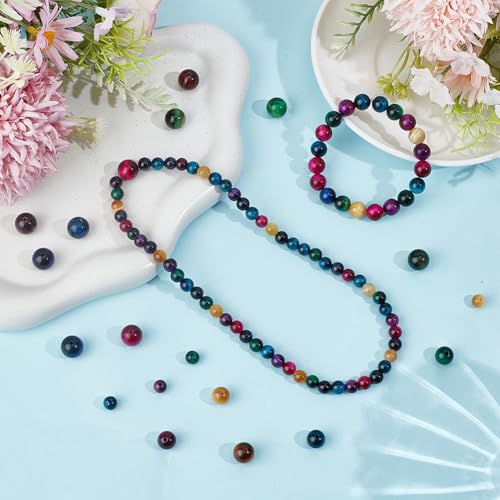 100PCS Natural Tiger Eye Stone Beads with Hole Round Energy Gemstone Pink Blue Green Smooth Polished Loose Spacer Bead Bulk for Jewelry Making Earrings Bracelets Necklaces DIY Crafts Supply - size: mix 100pcs