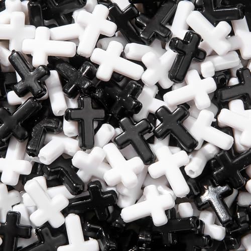 300pcs Black&White Cross Beads 12 * 16mm Cross Bead Crosses Spacer Bead Bulk for DIY Crafting Necklace Bracelet Jewelry Making Keychain (Black&White) - color: black&white