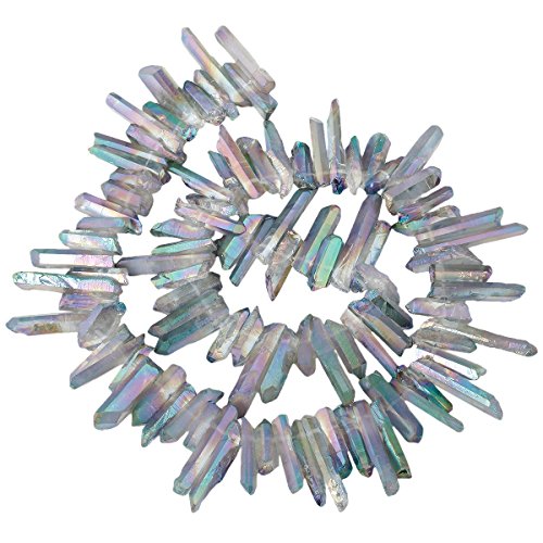 SUNYIK Transparent Green Titanium Coated Crystal Points Quartz Rough Sticks Spikes Point Beads 15 inch Strand Drilled - color: Transparent Green(Rough), size: 0.4"-1.3"