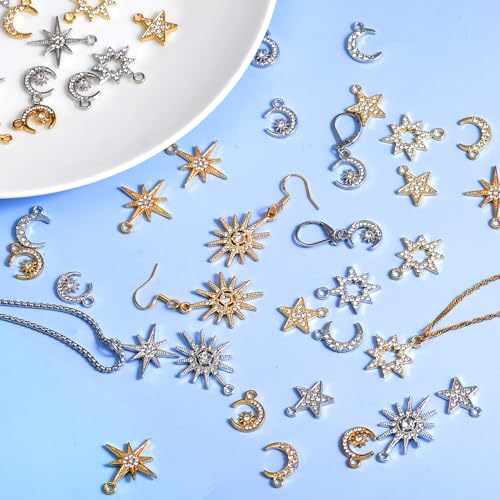 stino 48/56 Pieces Jewelry Celestial Charms Set, Silver & Gold Plated Moon Star Sun Pendants, DIY Jewelry Making Accessories - style: Rhinestone