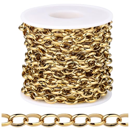 [16.5 FT] 18K Gold PVD Plated Rolo Cable Chains Bulk for Jewelry Making, 7.5mm 304 Stainless Steel Gold Oval Cable Link Chains Roll Spool for DIY Craft Jewelry Making - color: Gold Color, size: 7.5mm width