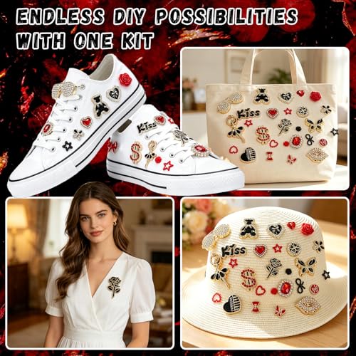 RidaaFri Junk Phone Case Charms Kit, 3D Flatback Rhinestone Gems with Red Black Bow Flower Butterfly Heart Rose, Large Charms Set for DIY Case Craft, Phone Making Supplies Women - color: Black/Red
