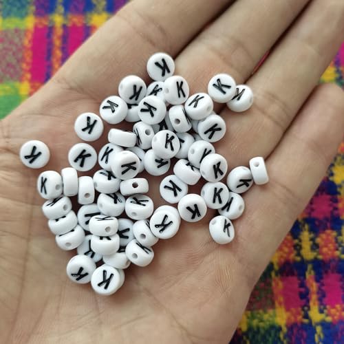 Amaney 100pcs K Letter Beads 7x4mm White Round Acrylic Black Alphabet for Bracelet Jewelry Making - color: K