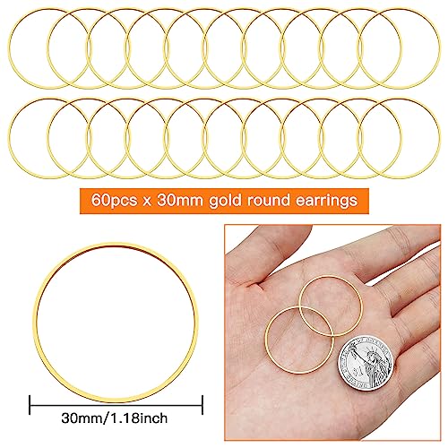 60pcs Earrings Beading Hoop 30mm Round Earrings Findings Round Beading Hoop Open Bezel Pendant Frame Hypoallergenic Earring Beadings Hoops for Jewelry Making DIY Crafts Art Creation Gift(Gold) - color: 60pcs;30mm;Gold