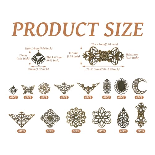 Cheriswelry 84pcs Tibetan Iron Filigree Joiners Antique Bronze Vintage Link Charms Rhombus Flower Butterfly Triangle Teardrop Metal Necklace Pendants 23~73.5mm for DIY Craft Jewelry Making