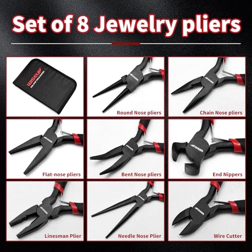 WISEUP 8-Piece Mini Pliers Set，Needle, Round, Flat, Long, Bent Nose, Diagonal, End Cutting & Linesman Pliers for Crafting, Electronics & Jewelry Making，with Pouch