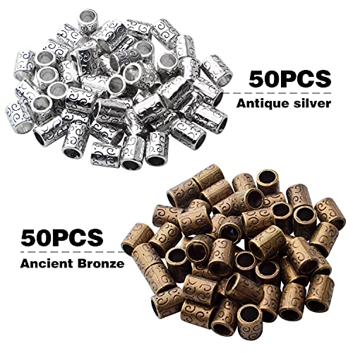 BronaGrand Large Hole Spacer Beads, 100pcs Column Alloy Tube Loose Beads, Silver/Bronze, Cylindrical, 10mm x 8mm, 5.6mm Hole, DIY Jewelry Craft Making - color: Silver/Bronze