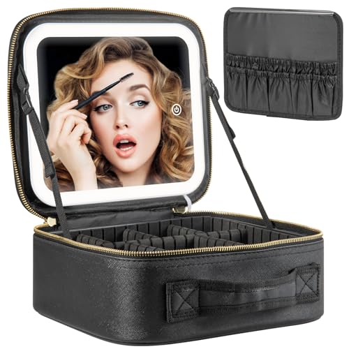 Extrei Gent Makeup Travel Train Case with Mirror LED Light 3 Adjustable Brightness Large Cosmetic Bag Portable Storage Adjustable Partition Waterproof Makeup Brushes Make up Jewelry Gift for Women - color: Black