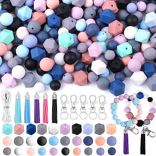Vellibring 121 PCS Silicone Beads for Keychain Making Kit,12mm 15mm Round 14mm Polygonal Rubber Beads Multicolor Bulk Silicone Loose Beads for DIY Necklace Bracelet Jewelry Making Supplies - color: Color1