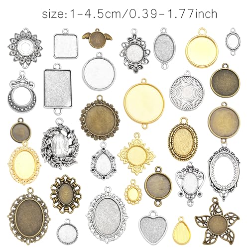Assorted 60 Pieces Mini Size Blank Bezel Pendant Trays Antique Bronze Silver Golden 0.4-1.6 inches Alloy Cameo Setting for DIY Jewelry Making