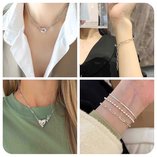 3.28 Feet Sterling Silver Paperclip Chain Paperclip Link Necklace Oval Cable Chain with Velvet Polishing Cloth Permanent Bracelet Kit 8.5x3mm for Women Men Necklace Jewelry Making - color: Silver