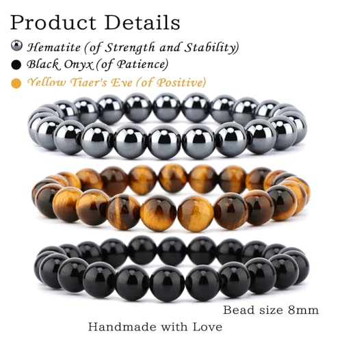 NCB 2.3-Piece 4mm Natural Crystal Gemstone Stretch Bracelets – Handmade Reiki Energy Healing Jewelry for Meditation,Yoga, Unisex - color: 3PCS ( Black Onyx+Hematite+Yellow Tiger's Eye ), size: 8mm