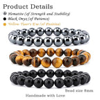 NCB 2.3-Piece 4mm Natural Crystal Gemstone Stretch Bracelets – Handmade Reiki Energy Healing Jewelry for Meditation,Yoga, Unisex - color: 3PCS ( Black Onyx+Hematite+Yellow Tiger's Eye ), size: 8mm