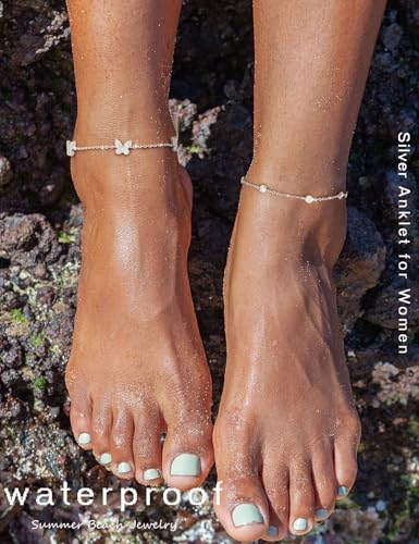RLMOON Gold Silver Anklets for Women CZ Ankle Bracelet 14K Gold Plated Waterproof Layered Stackable Tennis Dot Chain Anklet Trendy Summer Beach Foot Jewelry - color: C-Butterfly&Tennis Anklet-Silver