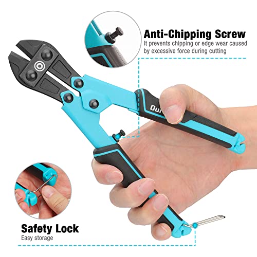 DURATECH 8-inch Mini Bolt Cutter with Bi-Material Ergonomic Handle Grip, Security Lock, Chrome Vanadium Steel Blade for Wire, Cables, Chains, Small Screws - size: 8"