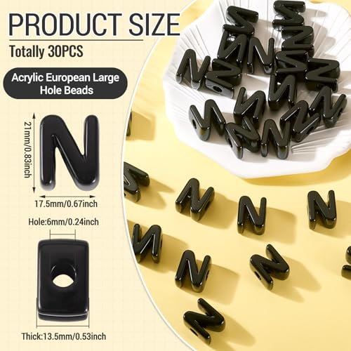 FASHEWELRY 30Pcs Acrylic Letter N Beads with Large Hole Big Plastic Letter Blocks European Beads 3D Letters Chunky Vowel Initial Alphabet Bead for Key Chains Necklace DIY Arts Craft Projects - color: Black, size: N