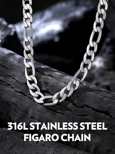 Bandmax Stainless Steel Figaro Chain Necklaces for Men Women, Silver/Gold/Black 4MM/6MM/9MM Flat Italian Style Figaro Link Chains Length 14"-30", Gift Packed - color: 03 9MM-Silver, size: 26 Inch