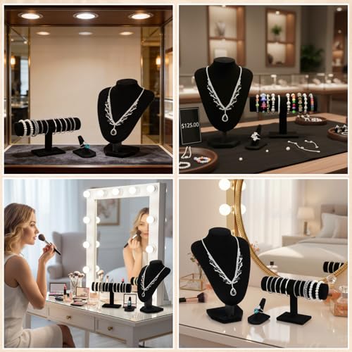 4 Pcs Velvet Jewelry Display Set Velvet Necklace Bust Holder Bracelet Organizer Ring Finger Jewelry Holder Organizer for Vendors Selling Trade Show Retail Home Decor (Black)