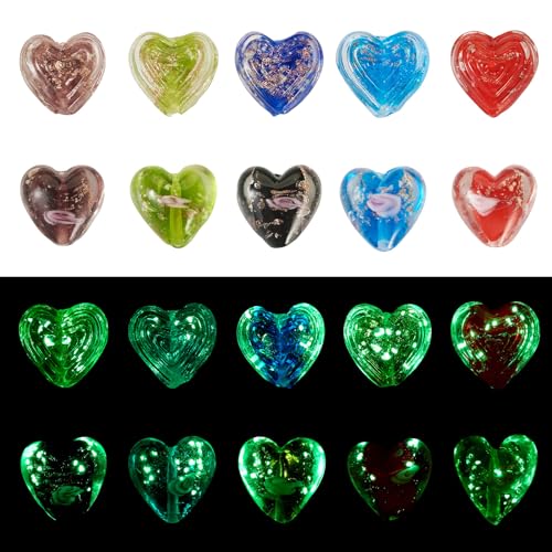 Glow in The Dark Heart Beads Lampwork Glass Love Heart Beads Craftdady 20Pcs Colorful Luminous Handmade Gold Sand Sweet Love Spacer Bead for DIY Craft Earring Bracelet Necklace Jewelry Making - color: Luminous