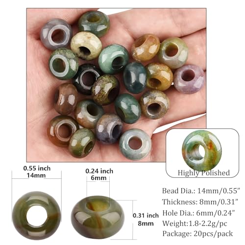 20Pcs Natural Indian Agate Large Hole Beads, 8x14mm Rondelle Gemstone Spacer Beads 6mm Big Hole for Jewelry Making, Beading Bracelets, Macrame & Hair Braiding - color: Indian Agate