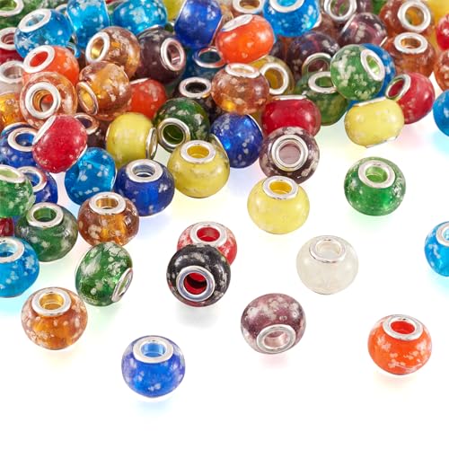 Cheriswelry 100pcs Glow in The Dark Handmade Lampwork European Large Hole Beads Luminous Rondelle Slide Charms Loose Spacer with Metal Cores Fit Snake Chain Bracelet Macrame Hair Jewelry 14x9~10mm - color: Rondelle-Luminous