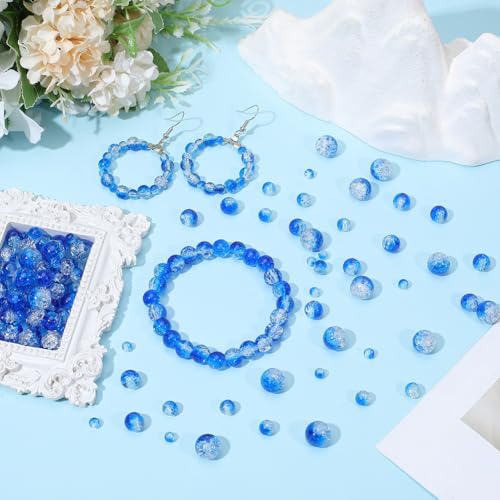 1 Box 450PCS 4/6/8/10MM Blue Crackle Beads with Holes Round Glass Crack Smooth Small Painted Ocean Spacer Loose Bead Bulk for Jewelry Making Necklace Bracelet Earrings DIY Craft Supply - color: Blue