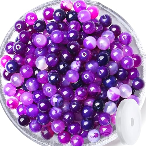 QINJIEJIE 100PCS Purple Stripe Carnelian Beads 8mm Natural Beads Round Loose Gemstone Bead for Bracelet Beading Crystal Jewelry Making DIY Necklace Earrings 0.32" - color: Purple stripe Carnelian, size: 100PCS