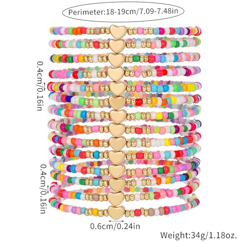 Friendship Bracelets Boho Stackable Bracelets for Women Surfer Heishi Clay Bead Bracelets Stretch Preppy Bracelets Colorful Boho Bracelets for Women - color: 14pc beaded heart