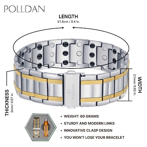 POLLDAN® 3X Power Magnetic Bracelets For Men | 6200 Gauss Strength Mens Titanium Bracelet with Fold-Over Clasp, Adjustable Length, Gift Box, Sizing Tool | Innovative Magnets Alloy - Patent - color: Silver Gold