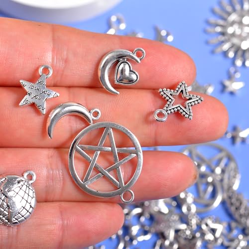 stino 100 Gram Metal Charms for Jewelry Making, Silver & Gold Plated, Bulk Pack for Bracelets, Necklaces, Crafts - color: Celestial Silver
