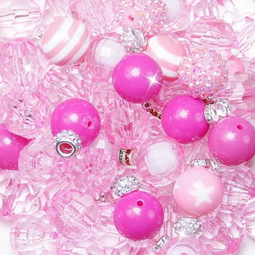 106Pcs 20mm Beads for Pens Making with Rondelle Spacer Beads Pink Acrylic Focal Bubblegum Bead Crystal Round Sparkly Chunky Bead for Pens Beadable Keychain Necklace DIY Craft Jewelry Making Supplies - color: Pink